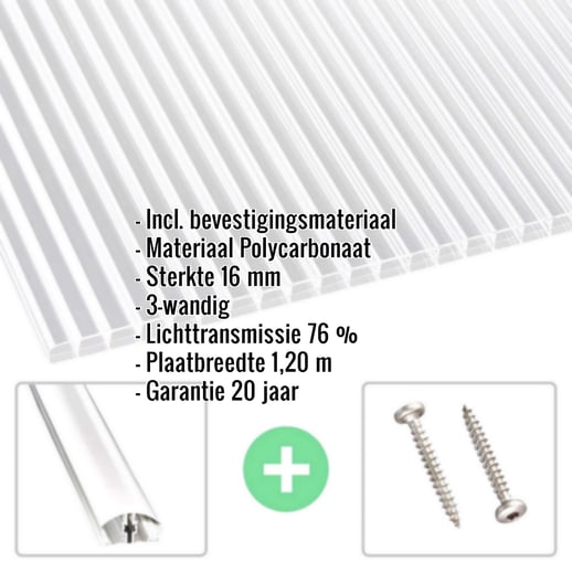 Polycarbonaat kanaalplaat | 16 mm | Profiel A4 | Voordeelpakket | Plaatbreedte 1,20 m | Helder | Dubbelzij. UV-bescherming | Breedte 3,08 m | Len #2