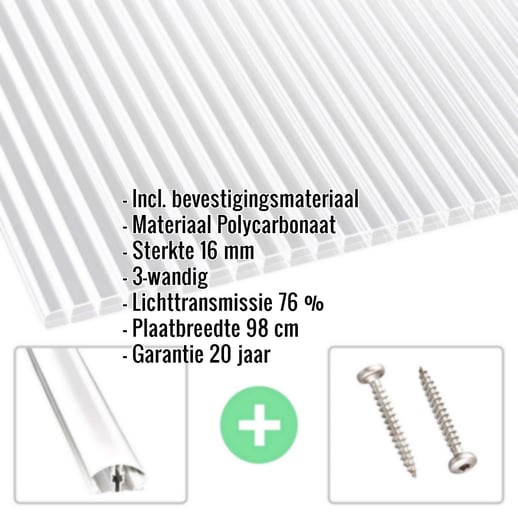 Polycarbonaat kanaalplaat | 16 mm | Profiel A4 | Voordeelpakket | Plaatbreedte 98 cm | Helder | Dubbelzij. UV-bescherming | Breedte 3,08 m | Leng #2