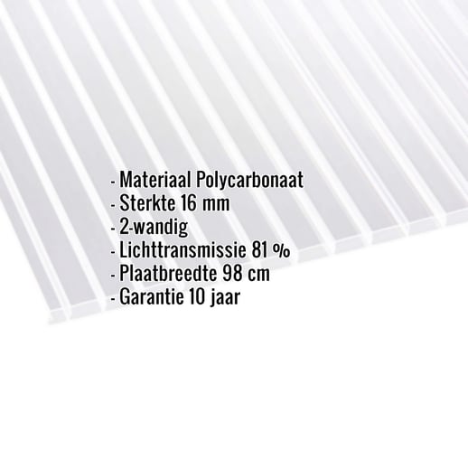 Polycarbonaat kanaalplaat | 16 mm | Breedte 98 cm | Helder | Dubbelzijdige UV-bescherming | Extra brede kanalen #2