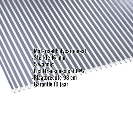 Polycarbonaat kanaalplaat | 16 mm | Breedte 98 cm | Helder / antraciet gestreept | Dubbelzijdige UV-bescherming | #2
