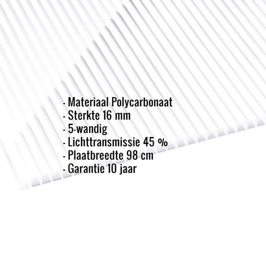 Polycarbonaat kanaalplaat | 16 mm | Breedte 98 cm | Helder / wit gestreept | Dubbelzijdige UV-bescherming | 3500 m #2