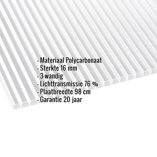 Polycarbonaat kanaalplaat | 16 mm | Breedte 98 cm | Helder | Dubbelzijdige UV-bescherming | 3,50 m #2