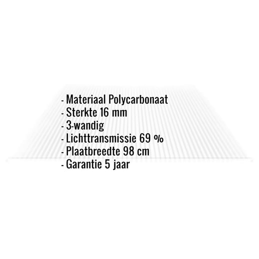 Polycarbonaat kanaalplaat | 16 mm | Breedte 98 cm | Helder | Novalite | 2,00 m #2