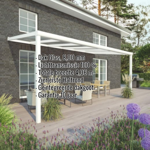 Terrasoverkapping | Sneeuwzone 1 | RAL 9016 | Glasplaat helder | Lijst halfrond | Breedte 4,06 m | Diepte 2,50 m #2