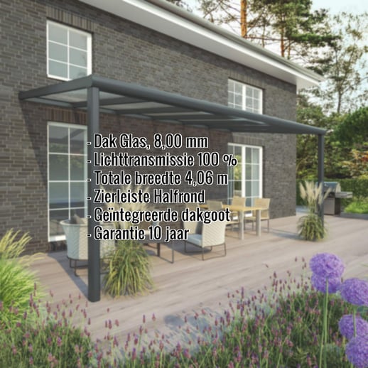Terrasoverkapping | Sneeuwzone 2 | RAL 7016 | Glasplaat helder | Lijst halfrond | Breedte 4,06 m | Diepte 3,50 m #2