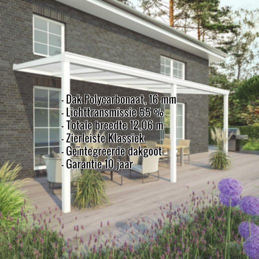 Terrasoverkapping | Sneeuwzone 2 | RAL 9016 | Plaat opaal wit | Lijst klassiek | Breedte 12,06 m | Diepte 2,00 m #2
