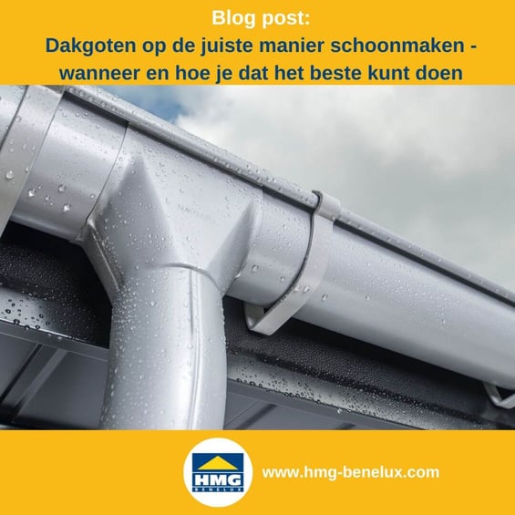 Titelafbeelding van een blogbericht over het onderwerp ‘Dakgoten correct reinigen’ – te zien is een grijze dakgoot, met daarnaast het logo en het webadres van hmg-benelux.com.