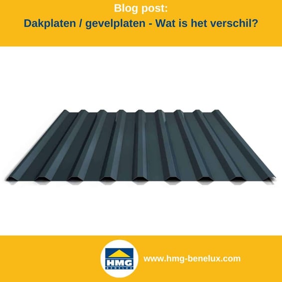 Titelafbeelding van een blogbericht met als onderwerp ‘Verschil tussen dak- en wandplaat’ – er wordt een antracietkleurige dakplaat getoond, samen met het logo en het webadres van hmg-benelux-shop.com.