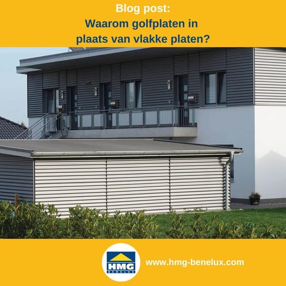 Titelafbeelding van een blogbericht met als thema ‘Voordelen van golfplaat’ – te zien is een woonhuis met golfplaat als gevel, met daarnaast het logo en het webadres van HMG Benelux shop.