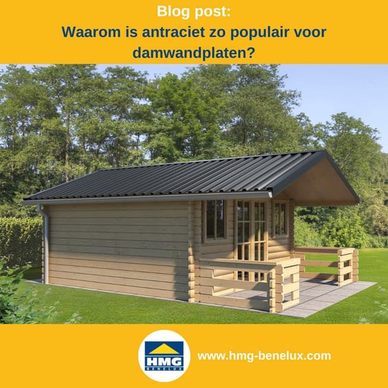 Titelafbeelding van een blogbericht met als onderwerp ‘Antraciet bij damwandplaten’ – afgebeeld is een tuinhuis met damwandplaten in antraciet, met daarnaast het logo en het webadres van HMG Benelux shop.de.