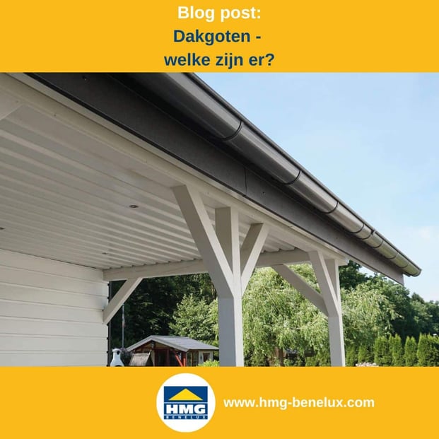 Titelafbeelding van een blogbericht met als onderwerp ‘Verschillende dakgoten’ – te zien is een grijze stalen goot aan een wit huis, met daarnaast het logo en het webadres van hmg-benelux-shop.com.