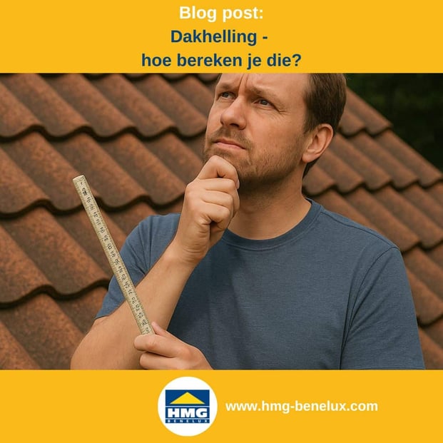 Titelafbeelding van een blogbericht met als onderwerp ‘Berekening van de dakhelling’ – er wordt een man met een duimstok afgebeeld, staande voor zijn dak, met daarnaast het logo en het webadres van hmg-benelux.com.