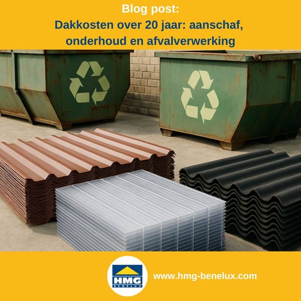 Titelafbeelding van een blogbericht met als onderwerp ‘Kosten van dakbedekkingsmaterialen’ – te zien zijn stapels verschillende dakplaten, met daarnaast het logo en het webadres van HMG Benelux shop.