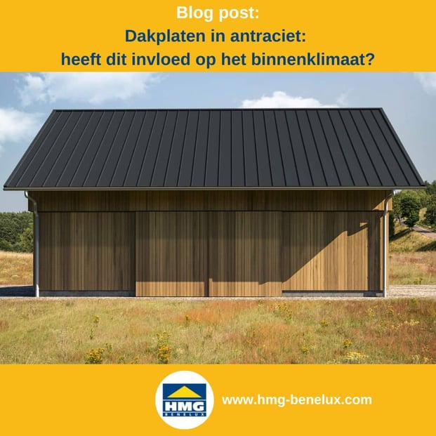 Titelafbeelding van een blogbericht met als onderwerp ‘Dakplaten in antraciet’ – te zien is een gebouw met antracietkleurige dakbedekking, met daarnaast het logo en het webadres van HMG Benelux shop.