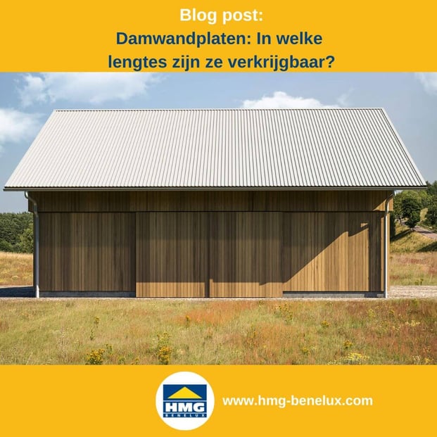 Titelafbeelding van een blogbericht met als onderwerp ‘Lengtes van damwandplaten’ – afgebeeld is een schuur met een lichte damwandplaat, met daarnaast het logo en het webadres van hmg-benelux.com.