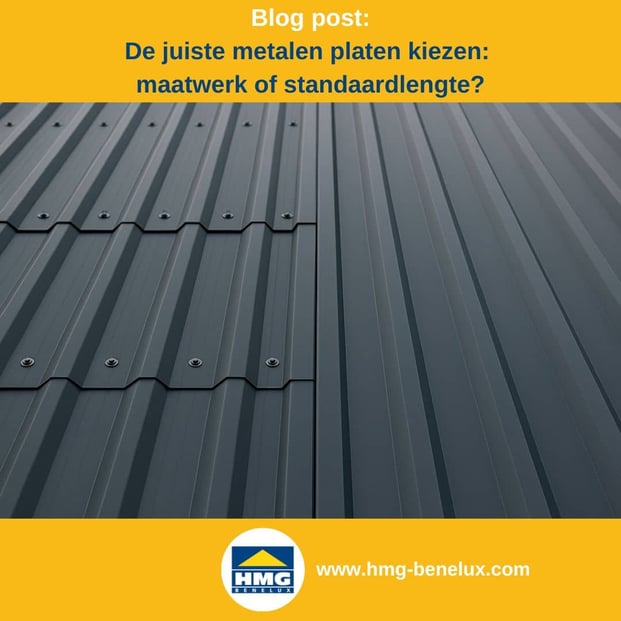 Titelafbeelding van een blogbericht met als onderwerp ‘Metalen platen - standaard- of maatlengte’ – er worden 2 dakvlakken met damwandplaten naast elkaar getoond, waarbij de standaard- en maatlengte worden vergeleken, met daarnaast het logo en het webadres van HMG Benelux shop.