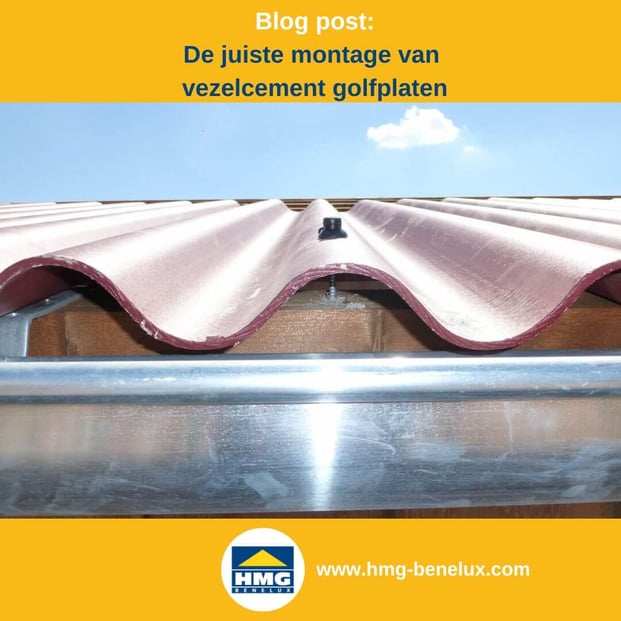 Titelafbeelding van een blogbericht met als onderwerp ‘Montage van vezelcementplaten’ – te zien is een dwarsdoorsnede van een gemonteerde plaat, met daarnaast het logo en het webadres van hmg-benelux.com.