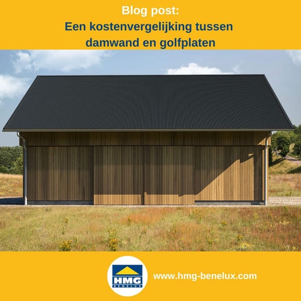 Titelafbeelding van een blogbericht met als onderwerp ‘trapeze- en golfplaat’ – te zien is een schuur met antracietgrijze golfplaat, met daarnaast het logo en het webadres van hmg-benelux-shop.com.