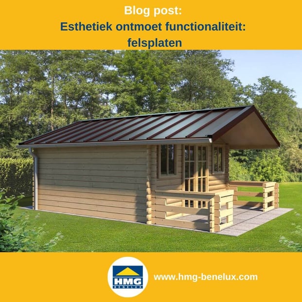 Titelafbeelding van een blogbericht met als onderwerp ‘Functionaliteit van felsplaten’ – afgebeeld is een tuinhuis met donkere felsplaat, met daarnaast het logo en het webadres van hmg-benelux.com.