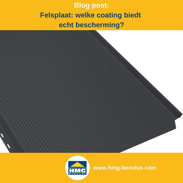 Titelafbeelding van een blogbericht met als onderwerp ‘Staande naadbekledingen’ – te zien is een felsplaat in nano-uitvoering in antraciet, met daarnaast het logo en het webadres van Hmg-Benelux-shop.com.