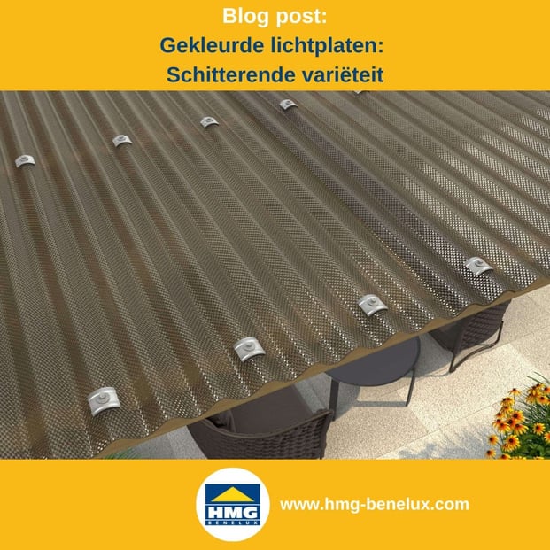 Titelafbeelding van een blogbericht met als onderwerp ‘gekleurde lichtplaten’ – te zien is een bronskleurige golfplaat, met daarnaast het logo en het webadres van hmg-benelux-shop.com.