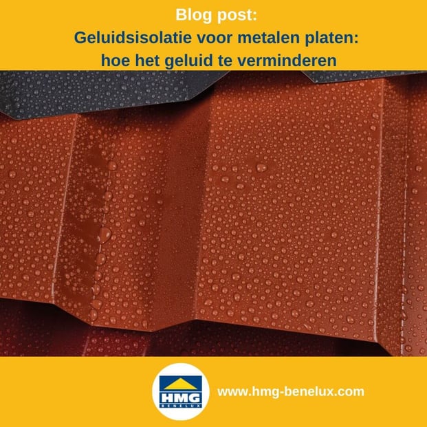 Titelafbeelding van een blogbericht met als onderwerp ‘Geluidsisolatie bij metalen platen’ – er wordt een selectie van verschillende damwandplaten getoond, samen met het logo en het webadres van hmg-benelux.com.