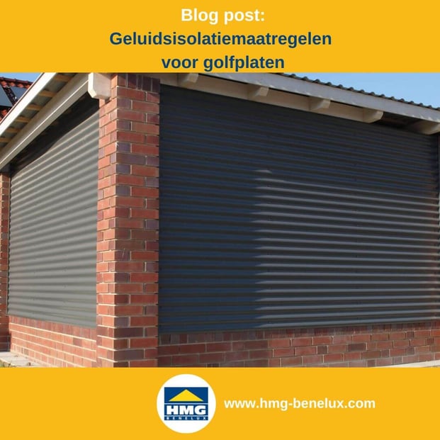 Titelafbeelding van een blogbericht met als onderwerp ‘Geluidsisolerende maatregelen voor golfplaten’ – afgebeeld is een grijze gevelbekleding van golfplaat, met daarnaast het logo en het webadres van hmg-benelux.com.
