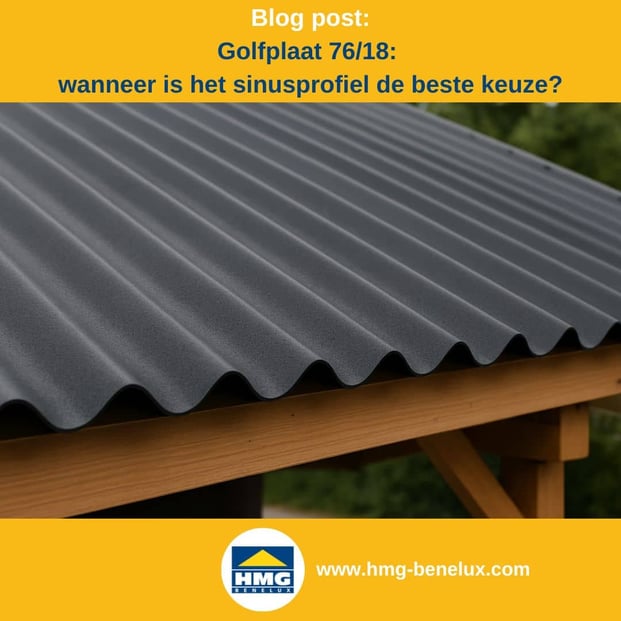 Titelafbeelding van een blogbericht met als onderwerp ‘Golfplaten met sinusprofiel 76/18’ – afgebeeld is een carport met golfplaten dak met sinusgolf 76/18 in antraciet, met daarnaast het logo en het webadres van HMG Benelux shop.