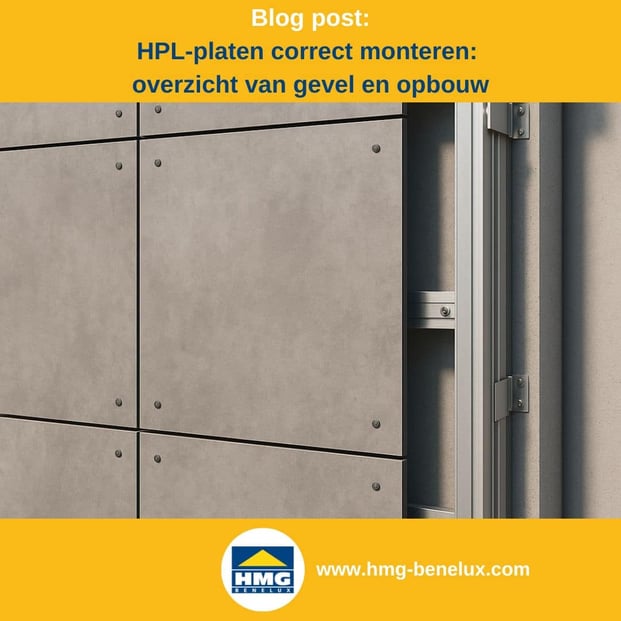 Titelafbeelding van een blogbericht met als onderwerp ‘HPL-platen monteren’ – te zien is een vat met HPL-platen in betonlook, met daarnaast het logo en het webadres van HMG Benelux shop.