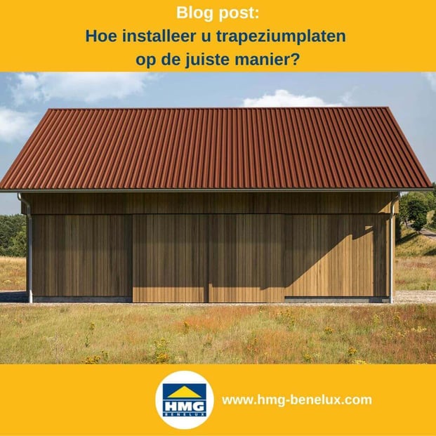 Bruin trapeziumvormig plaatstalen dak op een modern pakhuis bij daglicht.