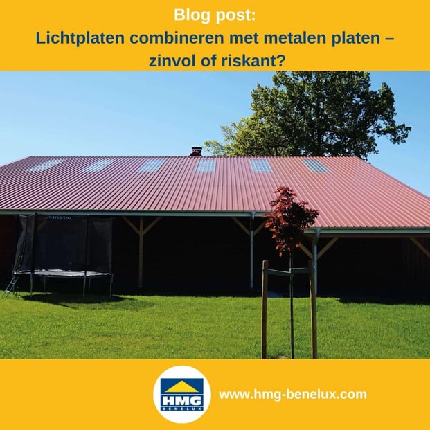 Titelafbeelding van een blogbericht met als onderwerp ‘lichtplaten en metalen platen’ – te zien is een hal met rode damwandplaten en lichtplaten, plus het logo en het webadres van hmg-benelux-shop.com.