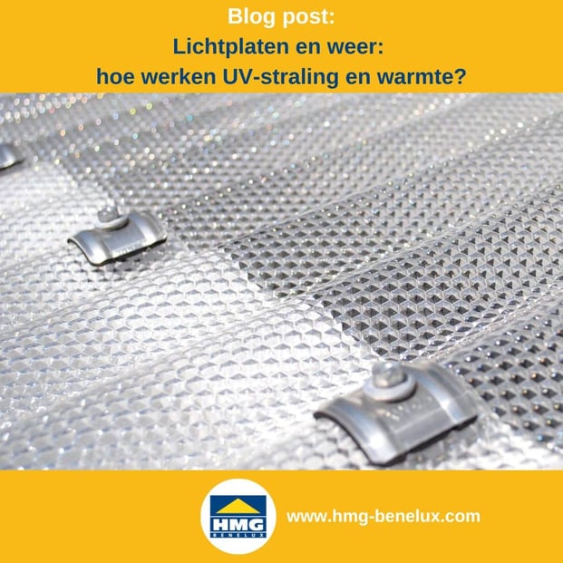 Titelafbeelding van een blogbericht met als thema ‘Lichtplaten en weer’ – te zien is een golfplaat gemonteerd met kalotten en schroeven, met daarnaast het logo en het webadres van HMG Benelux shop.