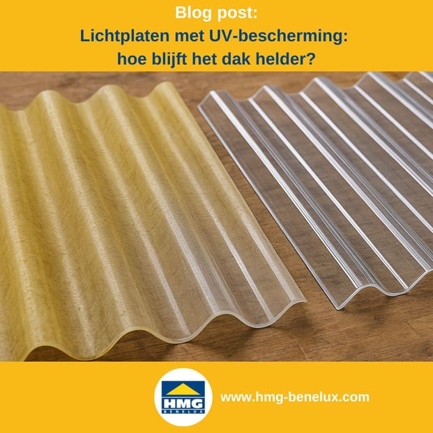Titelafbeelding van een blogbericht met als onderwerp ‘Lichtplaten met UV-bescherming’ – er wordt een vergelende golfplaat en een heldere lichtplaat naast elkaar getoond, samen met het logo en het webadres van HMG Benelux shop.