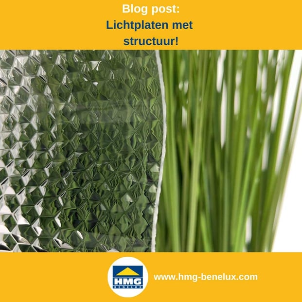 Titelafbeelding van een blogbericht met als onderwerp ‘Lichtplaten met structuur’ – er wordt een lichtplaat met honingraatstructuur getoond, samen met het logo en het webadres van hmg-benelux-shop.com.