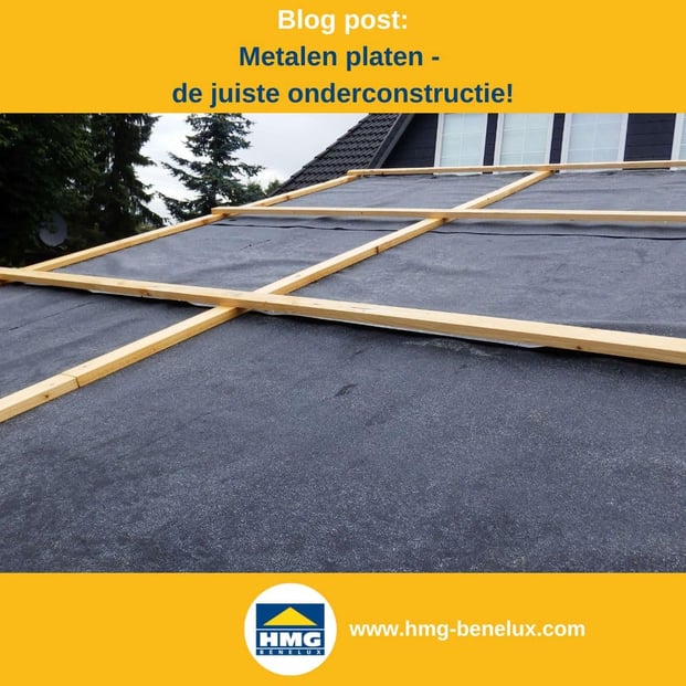 Titelafbeelding van een blogbericht met als onderwerp ‘Onderconstructie voor plaatstaal’ – te zien is een lattenwerk op een zwarte achtergrond, met daarnaast het logo en het webadres van hmg-benelux-shop.com.