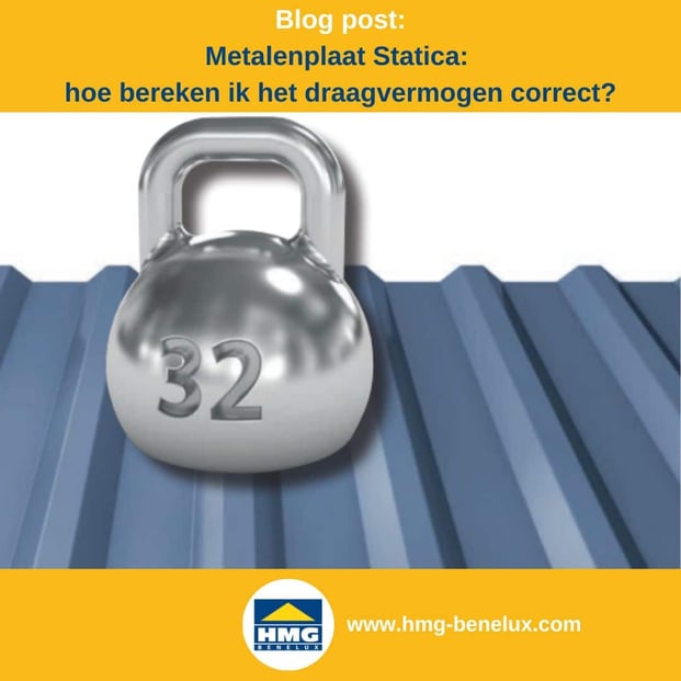 Titelafbeelding van een blogbericht met als onderwerp ‘Profielplaatstatica’ – afgebeeld is een trapeziumplaat met een gewicht, samen met het logo en het webadres van HMG Benelux shop.com