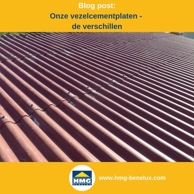 Titelafbeelding van een blogbericht met als onderwerp ‘vezelcementplaten’ – te zien is een dakbedekking met rode vezelcementplaten, samen met het logo en het webadres van hmg-benelux-shop.com.