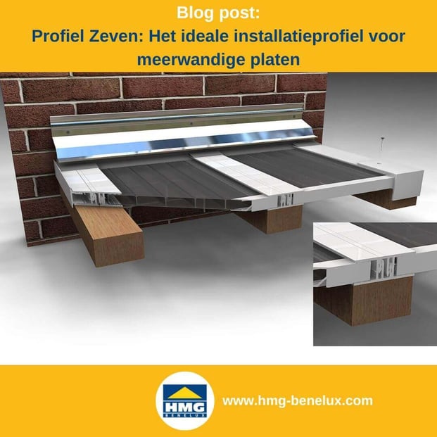 Titelafbeelding van een blogbericht met als onderwerp ‘Montage profiel Zeven’ – te zien is een dwarsdoorsnede van het profiel Zeven, met daarnaast het logo en het webadres van HMG Benelux shop.
