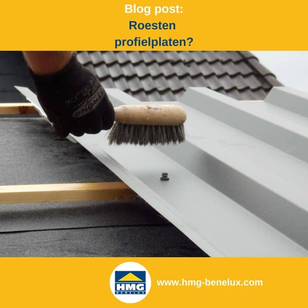 Titelafbeelding van een blogbericht met als onderwerp ‘Roestvorming bij plaatstaal’ – te zien is een montage van damwandplaten en het verwijderen van spanen, met daarnaast het logo en het webadres van hmg-benelux-shop.com.