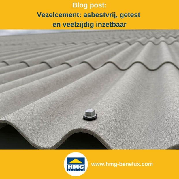 Titelafbeelding van een blogbericht met als onderwerp ‘Vezelcement, asbestvrij’ – afgebeeld is een dak met lichtgrijze vezelcement golfplaten, met daarnaast het logo en het webadres van HMG Benelux shop.