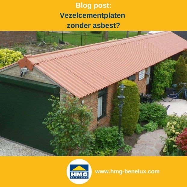 Titelafbeelding van een blogbericht met als onderwerp ‘Vezelcementplaten ook zonder asbest’ – te zien is een dakbedekking van een garage met rode vezelcementplaten, plus het logo en het webadres van hmg-benelux-shop.com.