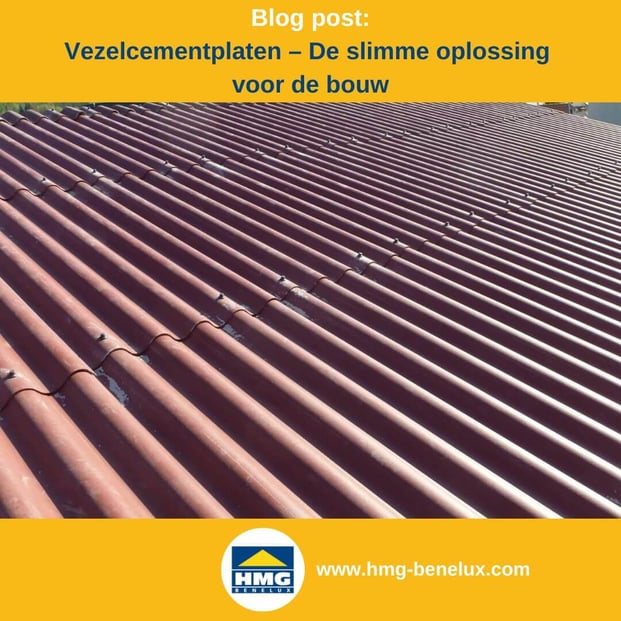 Titelafbeelding van een blogbericht met als onderwerp ‘Vezelcement – de slimme oplossing voor de bouw’ – er wordt een roodbruine dakbedekking van vezelcement getoond, samen met het logo en het webadres van hmg-benelux-shop.com.