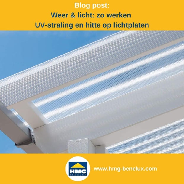Titelafbeelding van een blogbericht met als thema ‘Weer en lichtplaten’ – te zien is een terrasoverkapping van acrylplaten, met daarnaast het logo en het webadres van HMG Benelux shop.