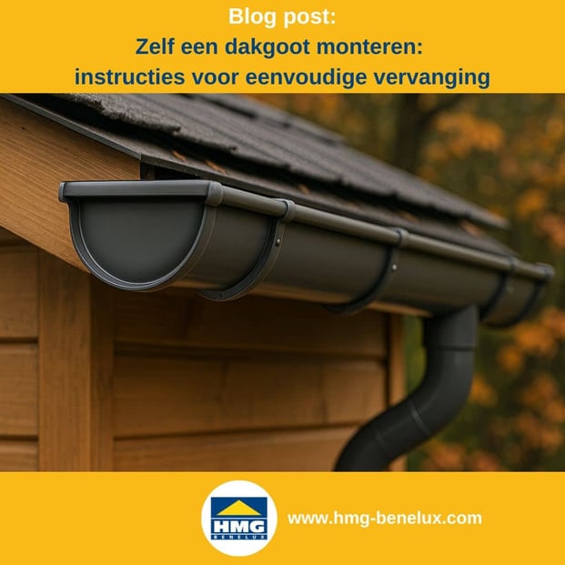 Titelafbeelding van een blogbericht met als onderwerp ‘Zelf een dakgoot monteren’ – te zien is een donkergrijze dakgoot die aan een tuinhuisje is gemonteerd, met daarnaast het logo en het webadres van HMG Benelux shop.