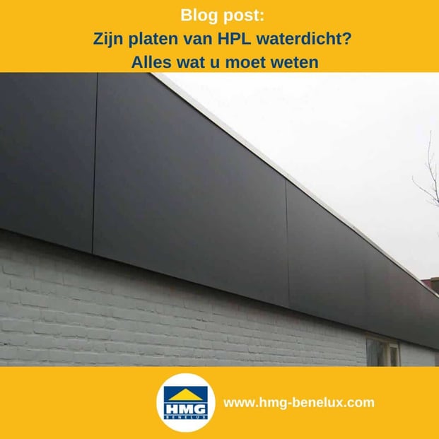 Titelafbeelding van een blogbericht met als onderwerp ‘Waterdichtheid van HPL-platen’ – te zien is een gevel met grijze HPL-platen, met daarnaast het logo en het webadres van hmg-benelux.com.