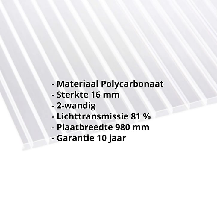Polycarbonaat kanaalplaat | 16 mm | Breedte 980 mm | Helder | Dubbelzijdige UV-bescherming | Extra brede kanalen #2