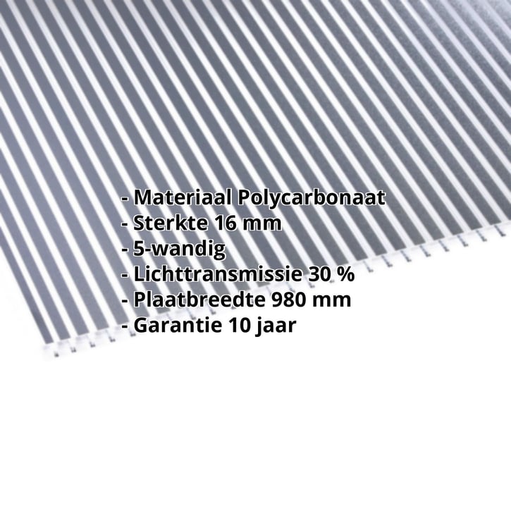 Polycarbonaat kanaalplaat | 16 mm | Breedte 980 mm | Helder / antraciet gestreept | Dubbelzijdige UV-bescherming | #2