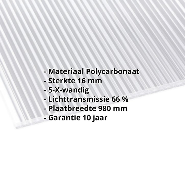Polycarbonaat kanaalplaat | 16 mm | Breedte 980 mm | Helder | Extra sterk | 2000 mm #2