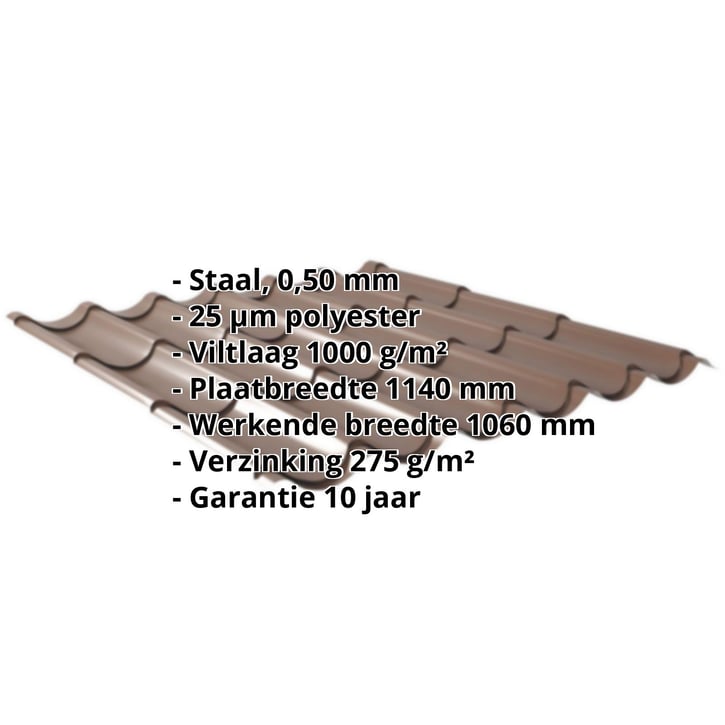 Dakpanplaat 2/1060 | Anti-Drup 1000 g/m² | Staal 0,50 mm | 25 µm Polyester | 8011 - Notenbruin #2