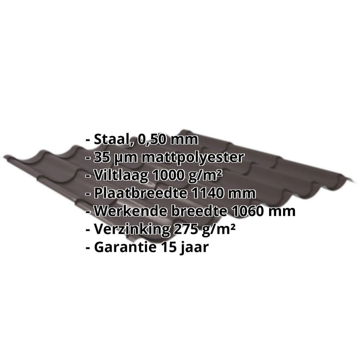 Dakpanplaat 2/1060 | Anti-Drup 1000 g/m² | Staal 0,50 mm | 35 µm Mattpolyester | 32 - Donkerbruin #2